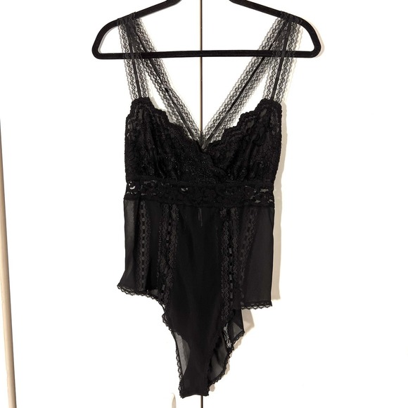 Josie Natori Other - Vintage Josie Natori Teddy Bodysuit Size S Black V Neck Lace Trim Lingerie Sheer